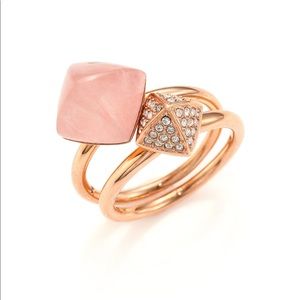 Women's Pink Rose Quartz Pave Pyramid Ring Set